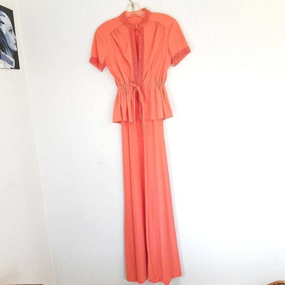 Vintage Elegant Coral 60’s ILGWU Spaghetti Strap Maxi Dress Matching Jacket Set